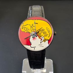 VTG Peter Max 1986 UK Design Blonde Portrait 34mm Watch Pop Art Retro WORKS