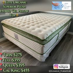 14in Queen Size Elite Organic Superior Hybrid Gel Memory Foam Pillow Top Mattress and Boxspring 