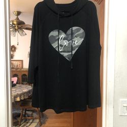 Women’s Size 26 / 28 Hooded Tunic Length 3/4 Length sleeves.  Color Black the front has a heart says “Love”.  Made of 70% Viscose, 26% Polyester and 4