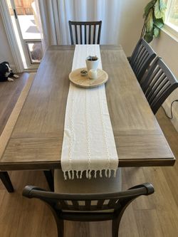 Dining Table Set – Extendable w/ 2 Leafs, 6 Chairs + Bench