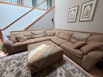 Oversized L-Shaped Brown Chenille Sectional Sofa with Matching Ottoman