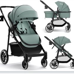 INFANS 2 in 1 Baby Stroller, High Landscape Infant Stroller & Reversible Bassinet Pram, Foldable Pushchair with Adjustable Canopy, Cup Holder, Storage