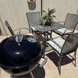 Metal Patio Table with 4 Chairs 1 Side Table and Weber Grill