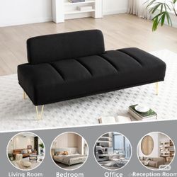 56.3" Modern End of Bed Bench, Velvet Upholstered 2 Seat Sofa Couch with Gold Metal Legs, Entryway Ottoman Bench for Bedroom and Living Room (Orange)