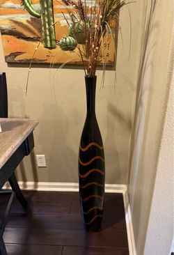 Tall Black Floor Vase with Wave Design wood