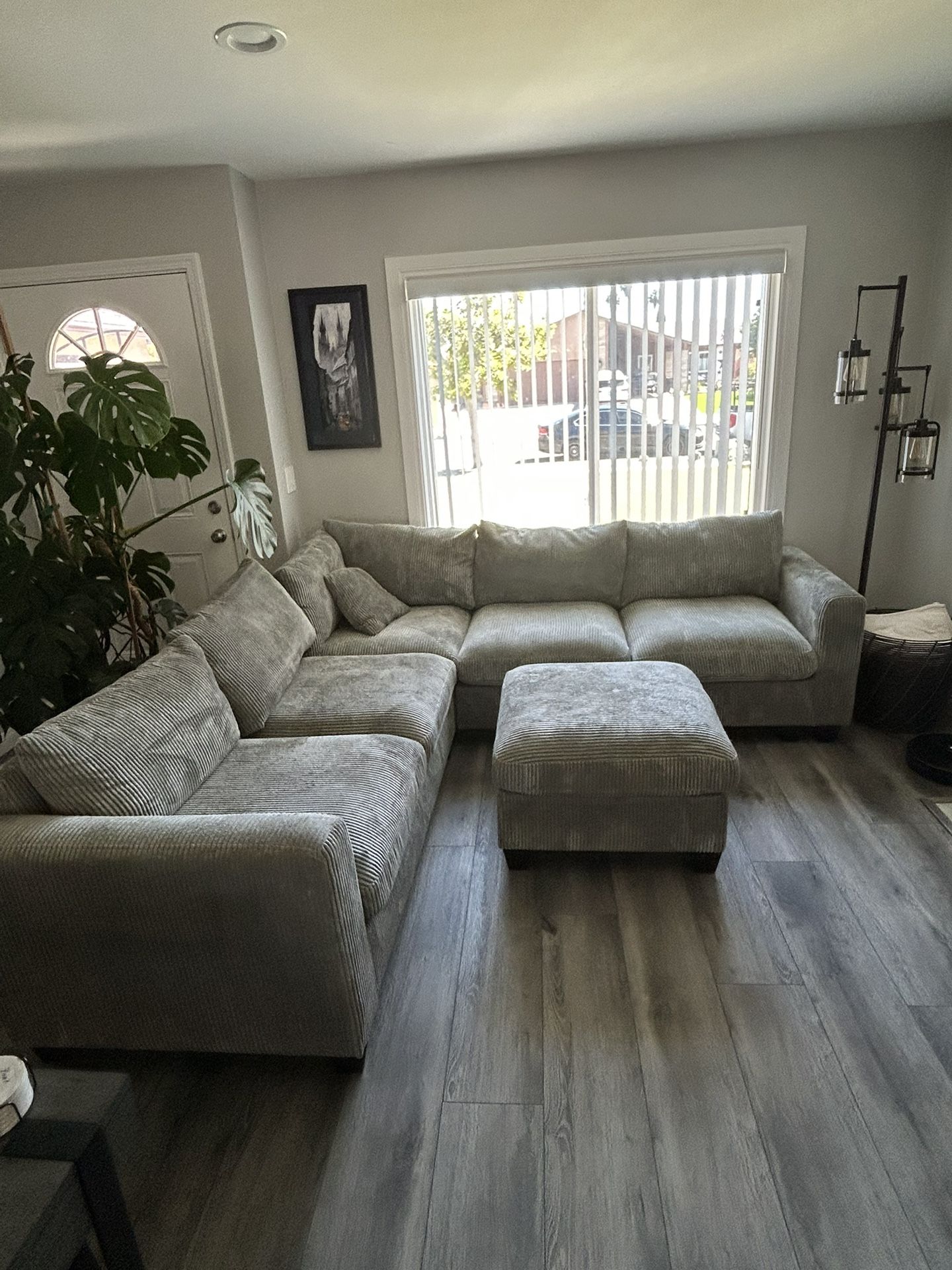 Grey Corduroy Sectional Couch And Ottoman