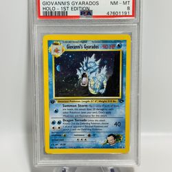 Pokemon 1st Edition Giovanni’s Gyarados Holo #5 Gym Challange PSA 8 Holo Moon And Swirl!