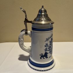 Vintage German Munchen Beer Stein Mug Domex 95% Pewter Lid 1(contact info removed) White Blue