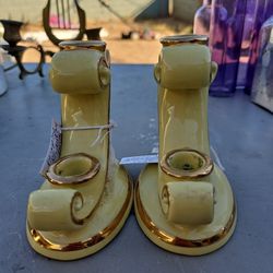 2 Vintage Abingdon Potteries Double Taper Candle Holder Light Yellow & Gold Trim