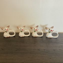 Vintage FITZ & FLOYD Christmas REINDEER Napkin Rings Hand painted JAPAN Set of 4