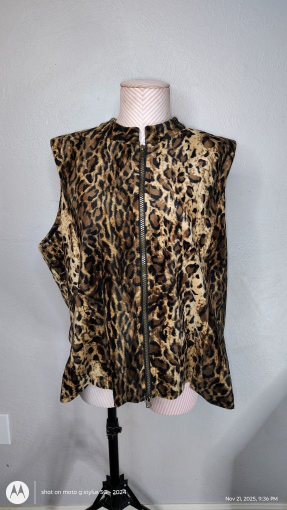 Vintage Jordan Leopard Print Faux Fur Zip Front Sleeveless Lined Vest Size XL