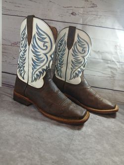 ARIAT WILEY WIDE BROWN & WHITE LEATHER SQUARE TOE COWBOY BOOTS MENS 9.5 EE