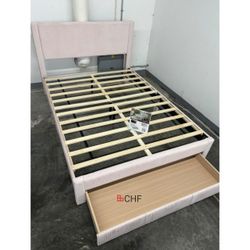 Corduroy Queen Size Bed Frame With Storage Drawer