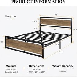 Heavy Duty King Size Bed Frame with Modern Headboard, Brown