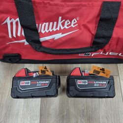 NEW Genuine (2) Milwaukee M18 XC 5.0 AH Batteries + Medium Tool Bag