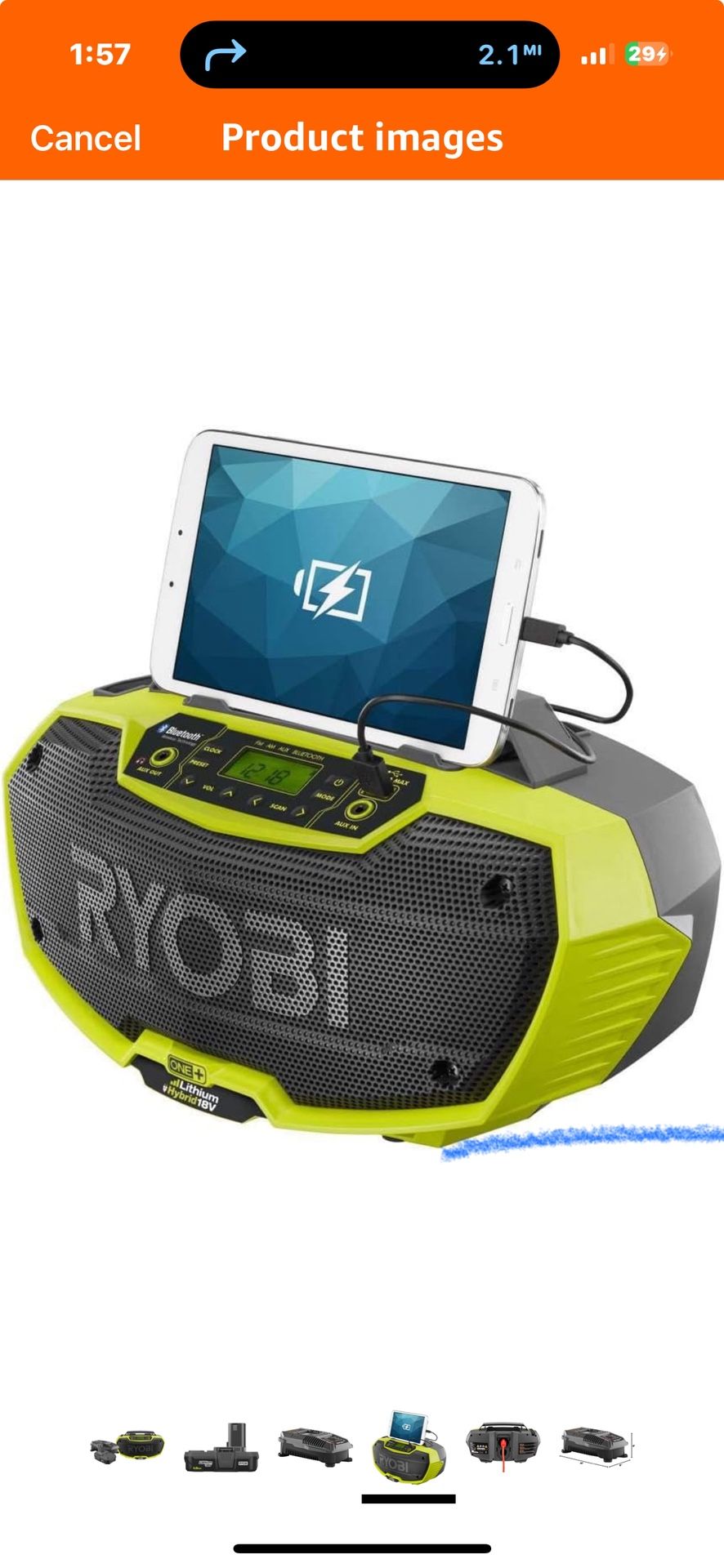 Ryobi RYOBI 18v Radio AM/FM Hybrid Stereo with Bluetooth Technology with 1.5 Ah Battery and Charger
