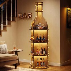 75" Wine Rack With Shelves, Round Wine Cabinet With Hanging Goblet Holder (No Lights)