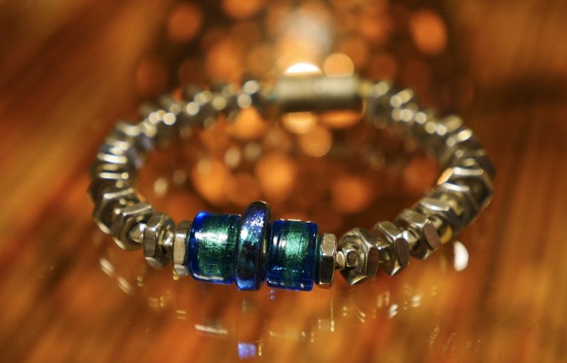 Women’s  7.25” Bracelet, Dichroic Glass & Metal Bead ‘Mad-Max Inspired’ Steampunk