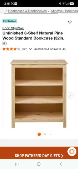 Unfinished 3-Shelf Natural Pine Wood Standard Bookcase (32in. H)