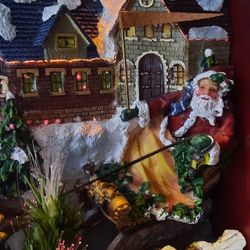 Old Christmas Shadow Box of Santa & Sleigh Landing in Village with fiber optic lights and plays Jingle Bells