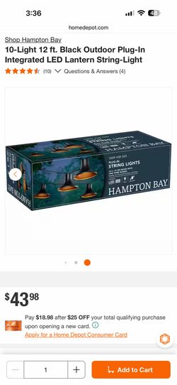 Shop Hampton Bay 10-Light 12 ft. Black Outdoor Plug-In Integrated LED Lantern String-Light