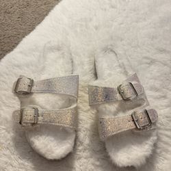 Glitter Faux Fur White Open Toe Slides Size 7