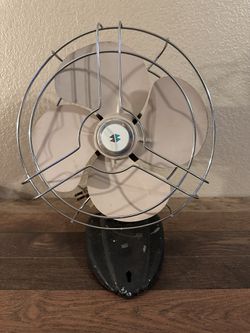 Vintage, Heavy Brown Metal Oscillating Electric Tabletop Fan, With Rare, Silver and Turquoise Double Diamond Logo Thumbnail
