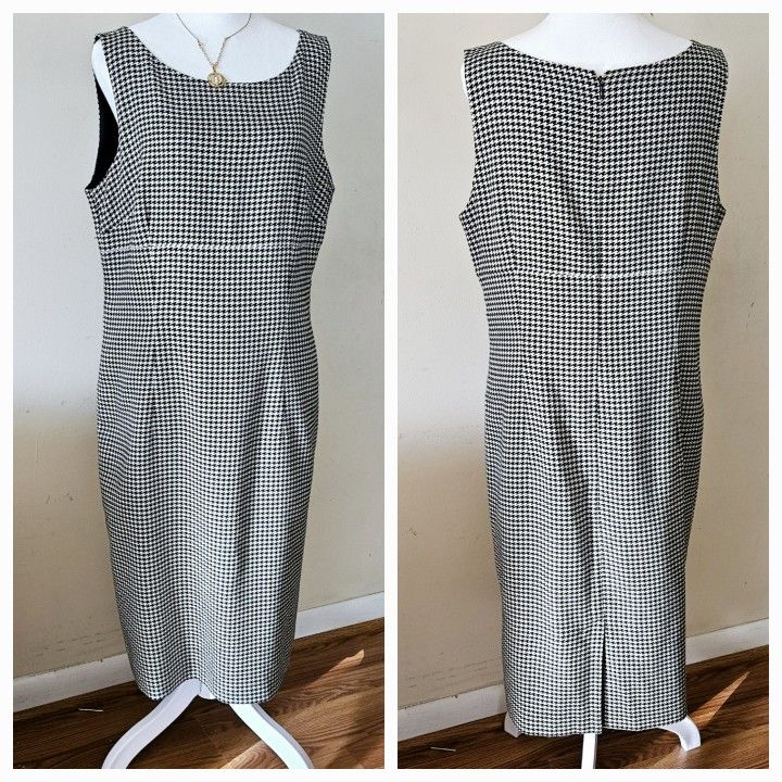 Size 12 Emma James Sleeveless Black & White Houndstooth Pattern Midi Womens Crew Neck Tank Casual Summer Dress. 63% Polyester, 34% Rayon, 3% Spandex. 