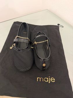 Maje Black Mesh Mary Jane Ballet Flats Gold Chain Charm Size 36