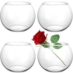 Set of 4 Clear Glass Vases, 6” W x 4.4” H, Round Candle Holders, Bubble Bowl, Flower Vases with Sponge Brush, Decorative Centerpieces for Wedding Home