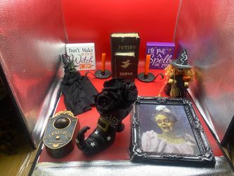 Lot of (10) Halloween Witch Themed Decorations Candles Signs Doorbell Shoe +