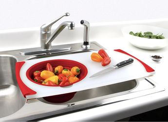 Dexas Over the Sink Poly Cutting Board with Collapsible Colander Strainer (11.5” x 20")