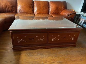 Oversized Rosewood tea table with 4 big drawers and   inlaid pearl design