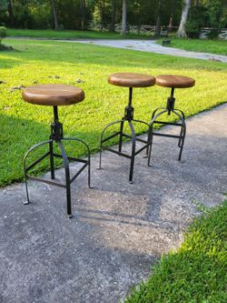 3 - Round Wood and Metal Adjustable Swivel Stool