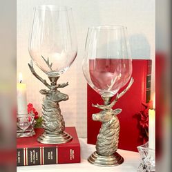 Vagabond House Elk Pewter Wine Glasses / Vagabond Elk Clear Bowl Wine Goblets / Large Wine Goblets / Hunting Deer Lodge Wine Glasses - 2