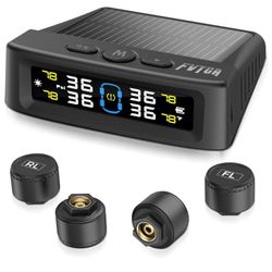 Tire Pressure Monitoring System - TPMS with Solar and USB Charger, 4 Tire Sensors and 6 Alarm Modes, Auto on/Off and Voice Prompt, TPMS with Color LCD