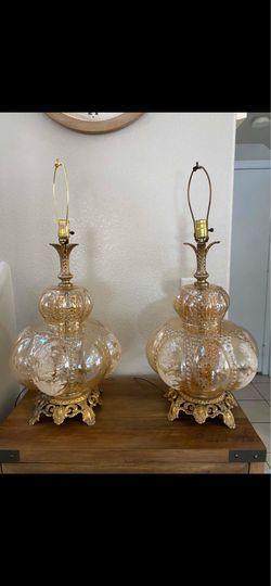 Pair MidCentury Iridescent 3 way Lamps with Rose Etching Hollywood Regency
