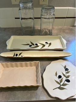 Pretty olive serving dishes and glass storage containers