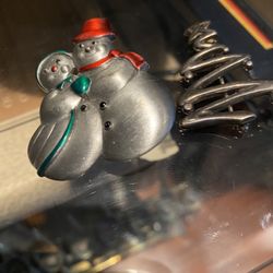 Beautiful Christmas Stearling Silver Christmas Tree and Snow Man and Snow Woman Winter Pin Brooch