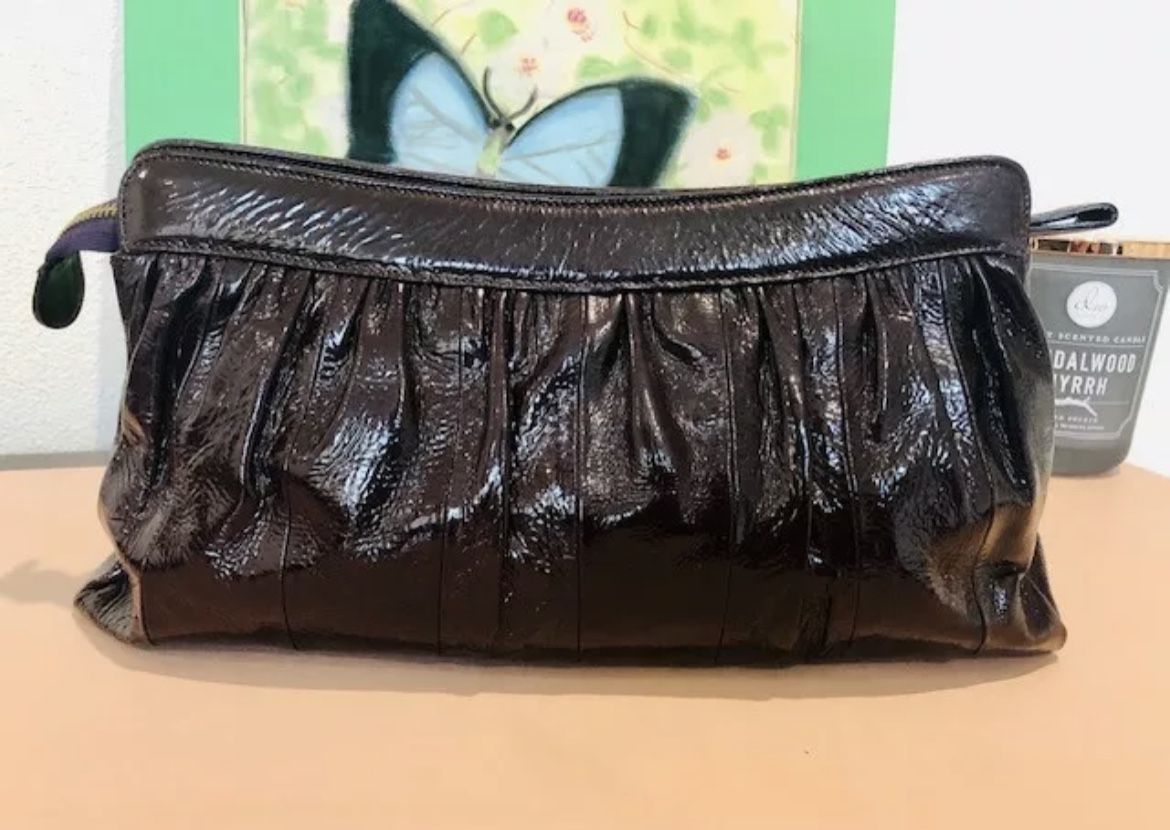 $495 Goldenbleu Tiffany Oversized Amethyst Patent Leather Pillow Clutch Bag