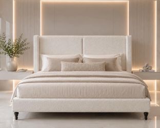 King Platform Bed with Tall Bouclé Headboard, Solid Wood Legs, Modern Luxury Design (white) NEW J-11