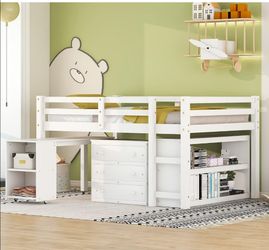 Full size bed with desk and book shelf
