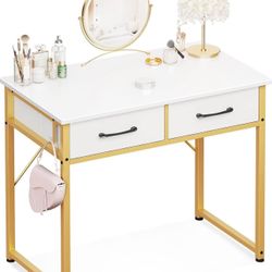ODK Makeup Vanity Desk with 2 Fabirc Drawers, 32 Inch Small White Dressing Vanity Table with Versatile Hook for Bedroom Without Mirror, Desk Make Up f