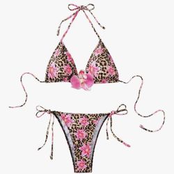 NEW MakeMeChic 2 Piece Leopard Print Floral Halter Triangle Tie Bikini Medium