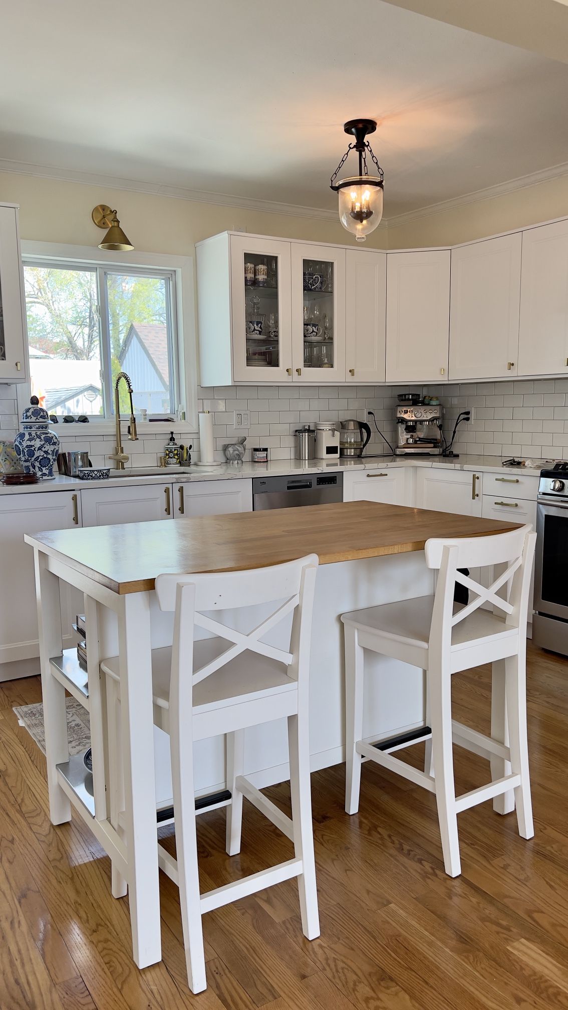 IKEA kitchen island and two stools