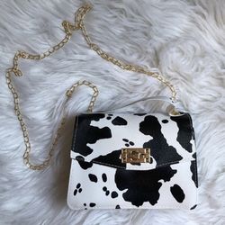 Mini cow satchel purse with gold tone chain, statement handbag!