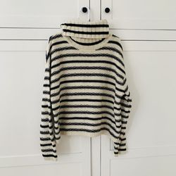 H&M Cream Black Knit Stripe Trutleneck Wool Long Sleeve Oversize Sweatshirt S