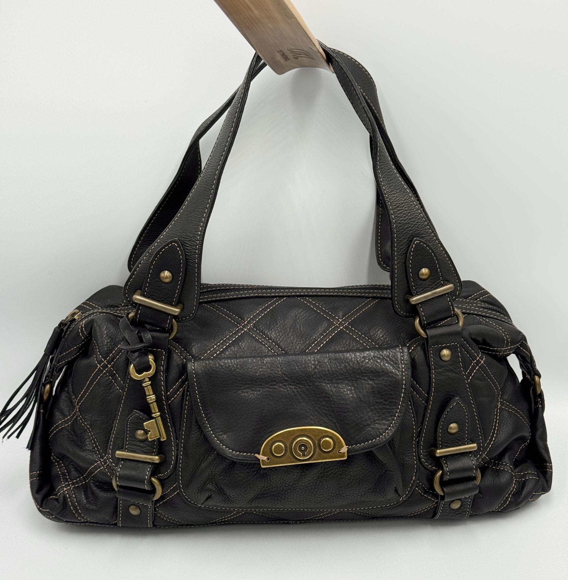 Fossil Handbag Hobo Bag Quilted Soft Black Leather Purse VTG 75082