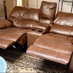 Two 72″ Chocolate Brown Power Theatre Recliners w/ Center Console