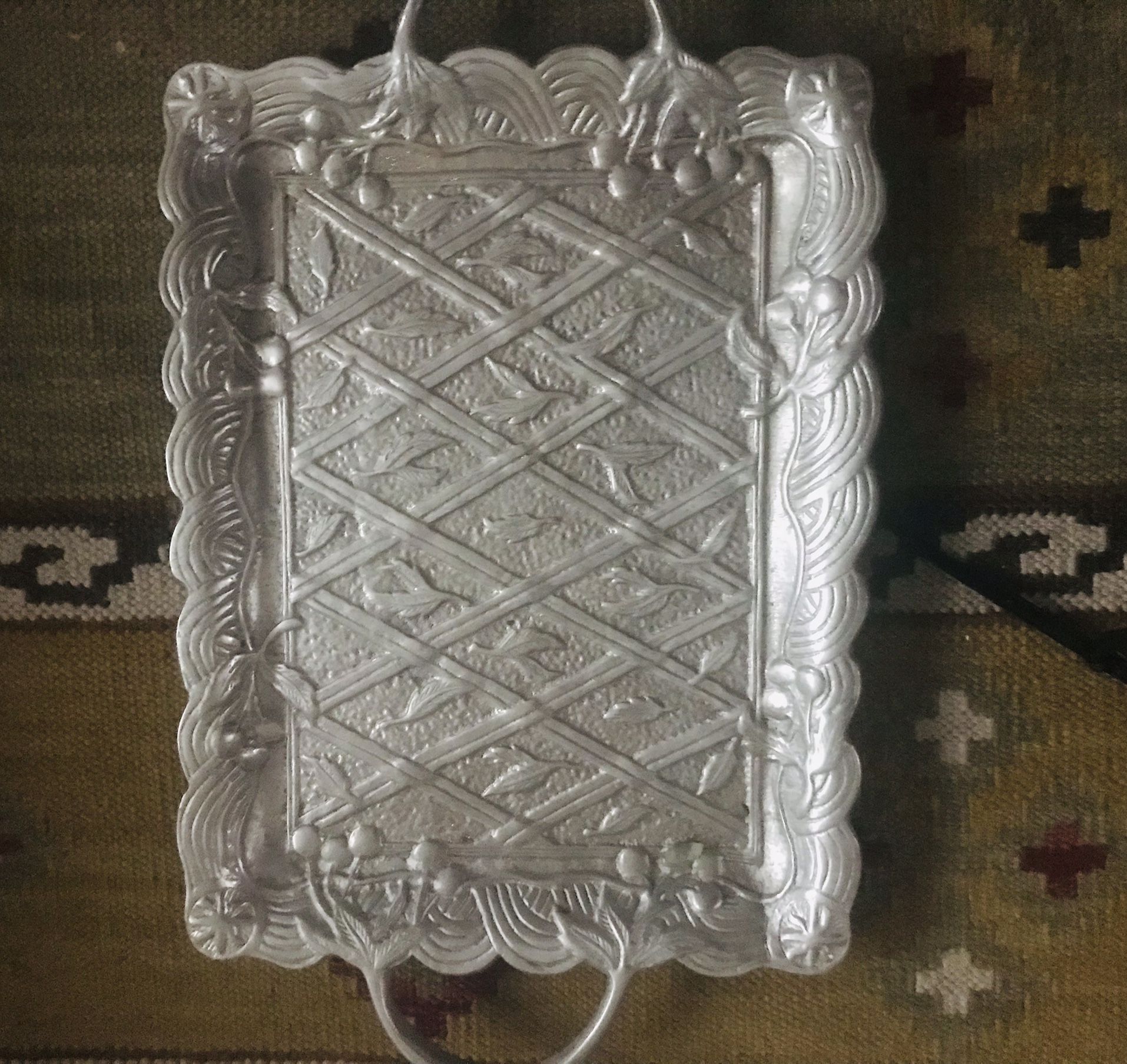 Large Pewter Tray Decorated With Cherries  And Leaves. Please Read Description Belie